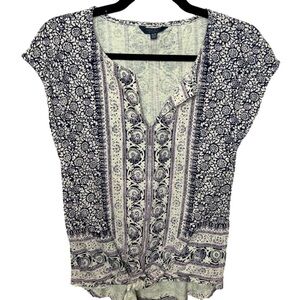 Lucky Brand Boho Cap Sleeves Tie Front Top XS Blue Pink